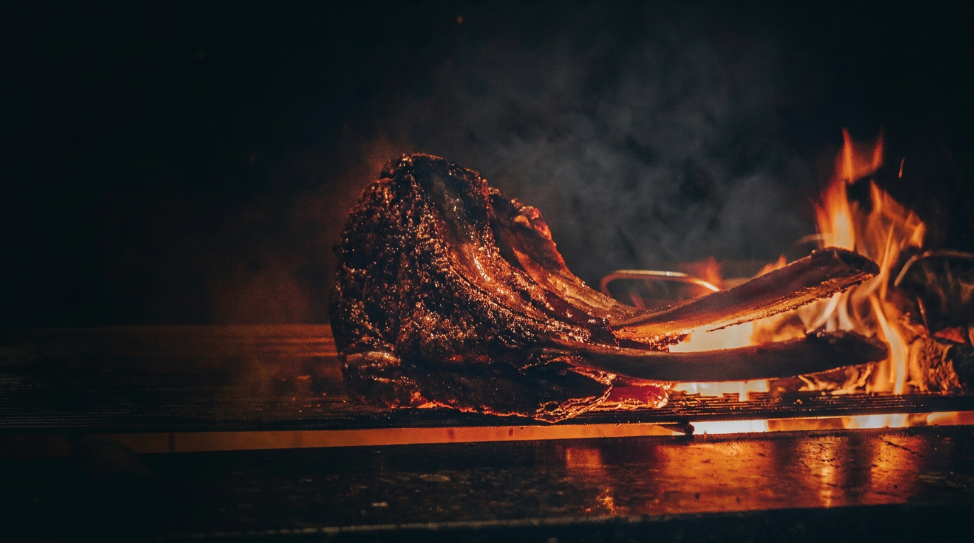 Tomahawk steak searing over open flame