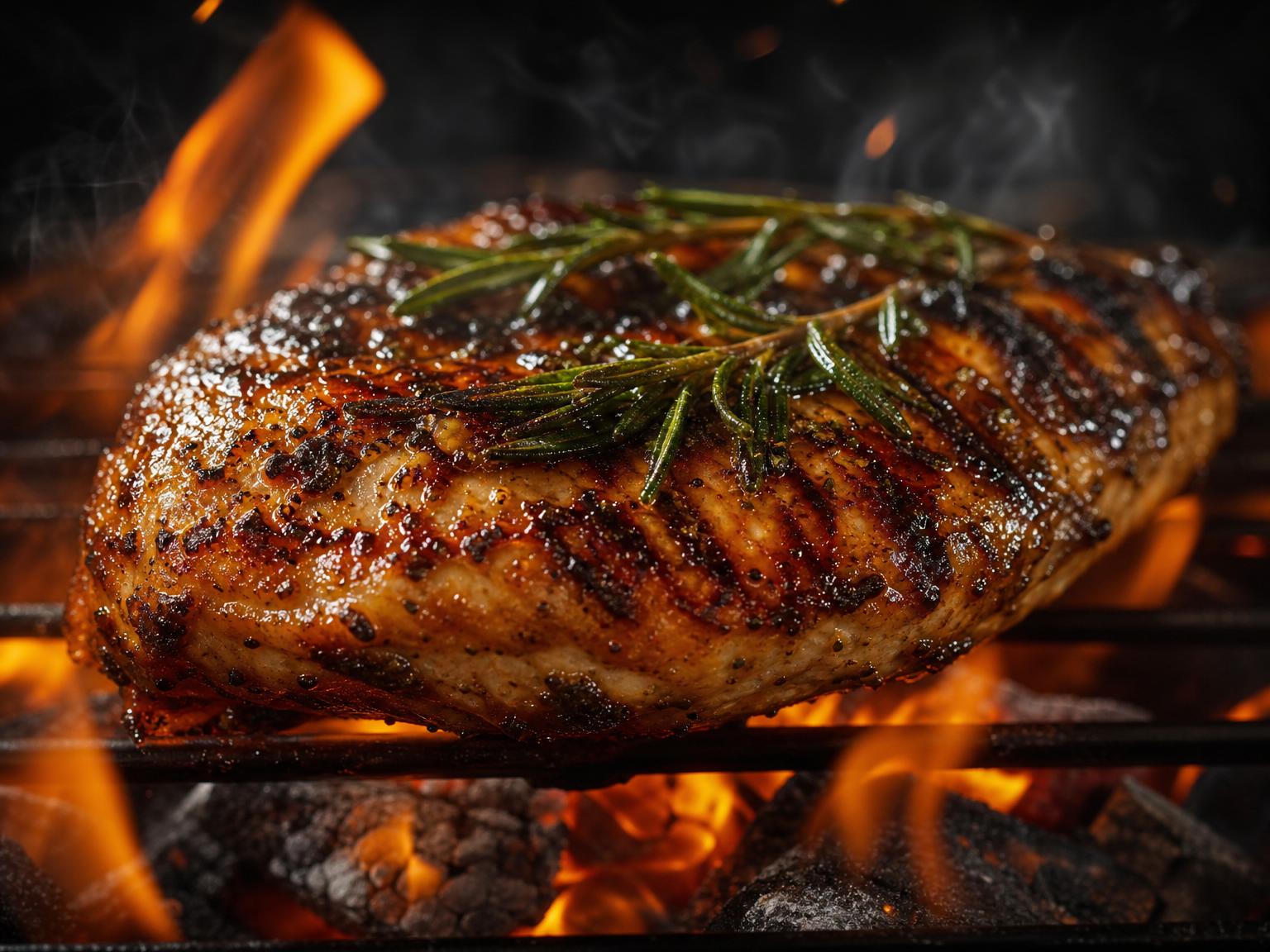 Cinematic grilled chicken over open flame