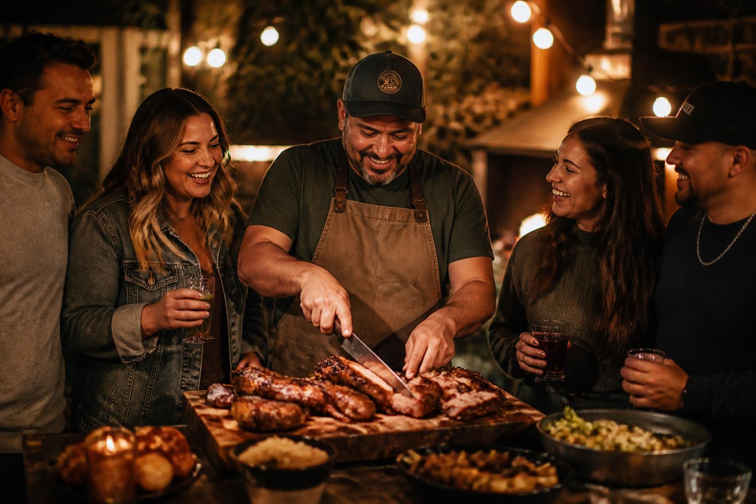 Friends and family gathered around a fire, sharing a meal